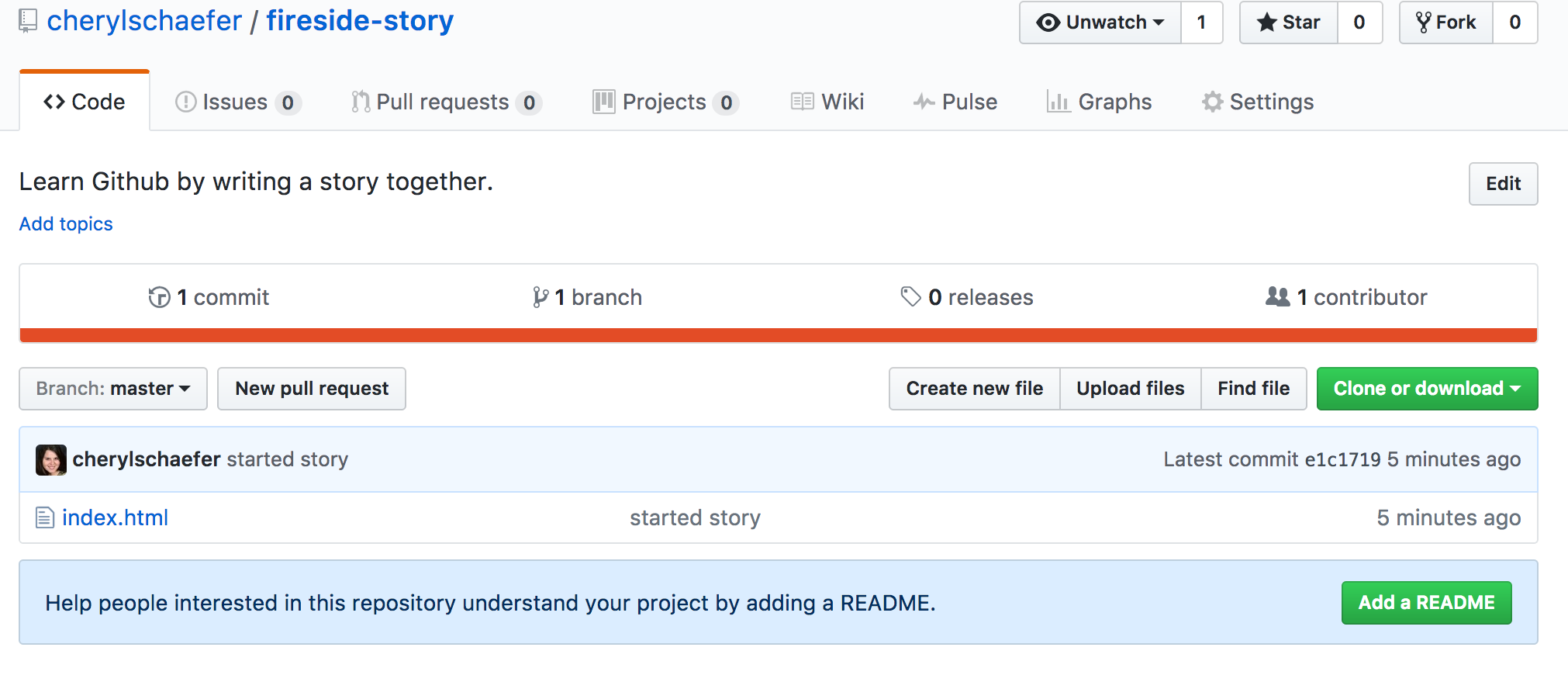 A repository with one commit in GitHub